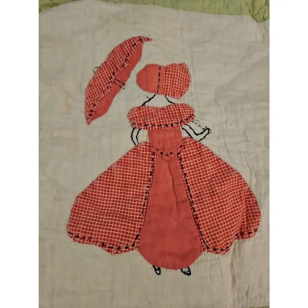 10 Vtg Sunbonnet Sue Parasol Southern Belle Applique Quilt Blocks Hand Stitched